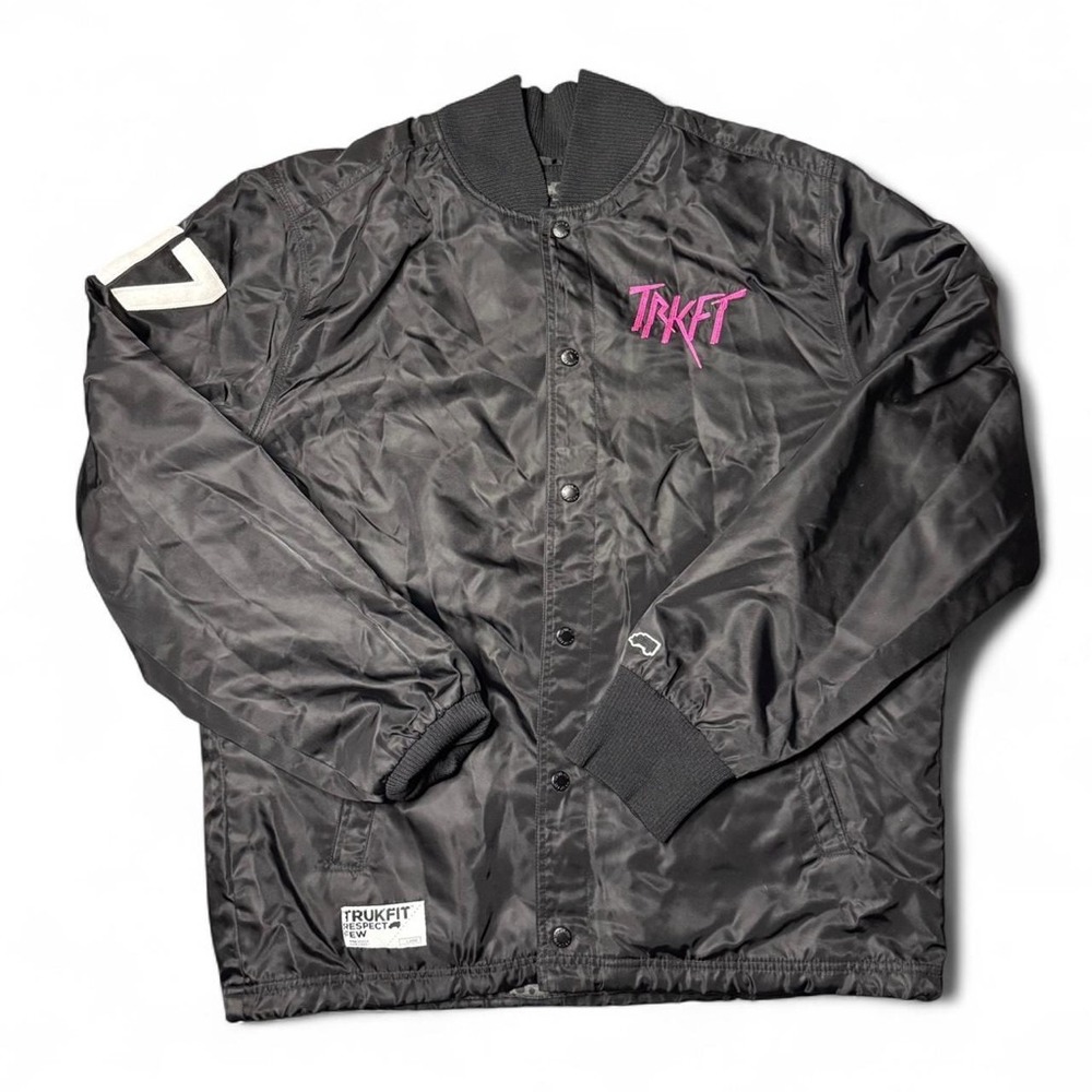 Trukfit Logo Large Bomber Jacket Black & Pink Lil Wayne Mens Large RARE Y2K VTG